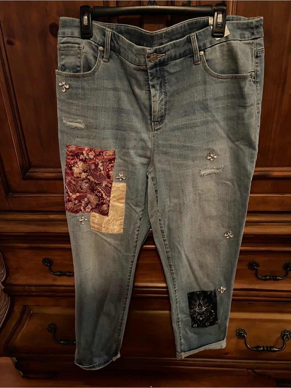 Chico's Light Blue Jeans with Patchwork and Embellishments
